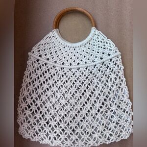Cream Macramé Tote with Wooden Handles
